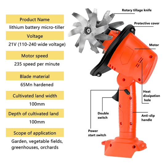 Cordless Electric Tiller Cultivator Portable Electric Garden Rotavator For Garden Vegetable Field Greenhouse Garden Power Tool
